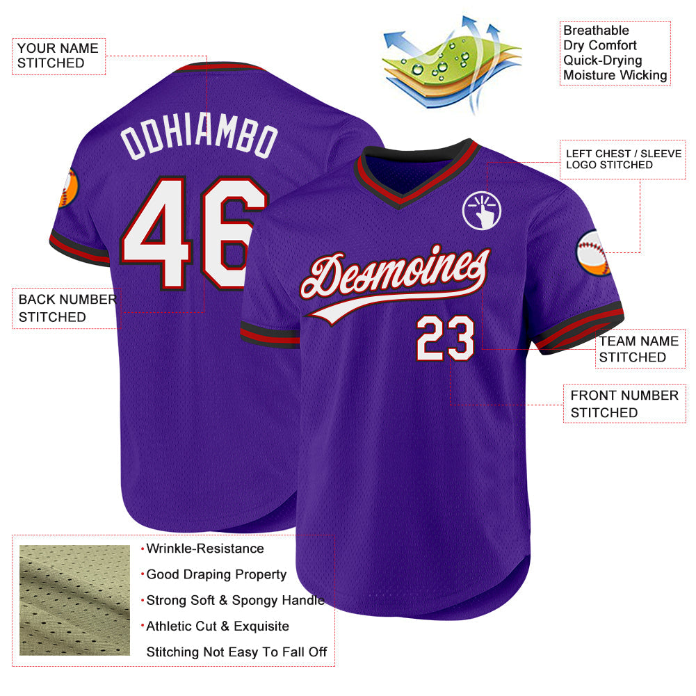 Custom Purple Red-Black Authentic Throwback Baseball Jersey view 3