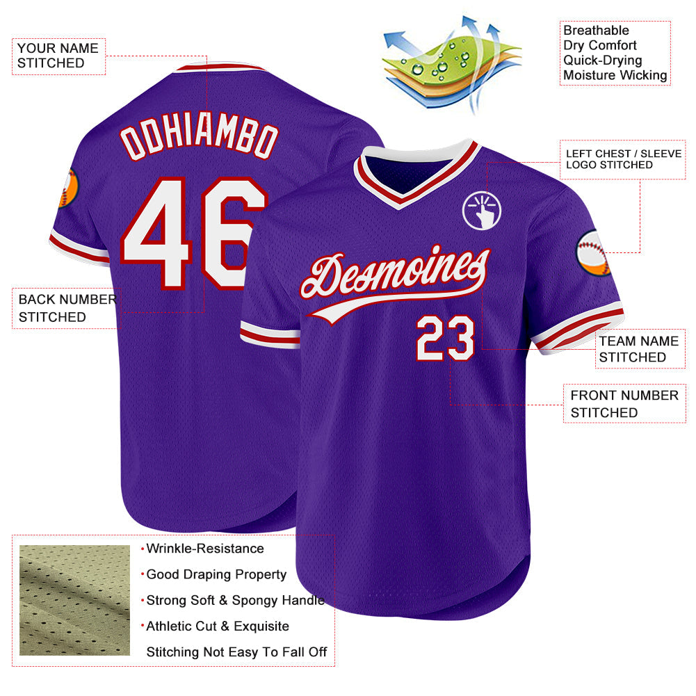 Custom Purple White-Red Authentic Throwback Baseball Jersey view 3