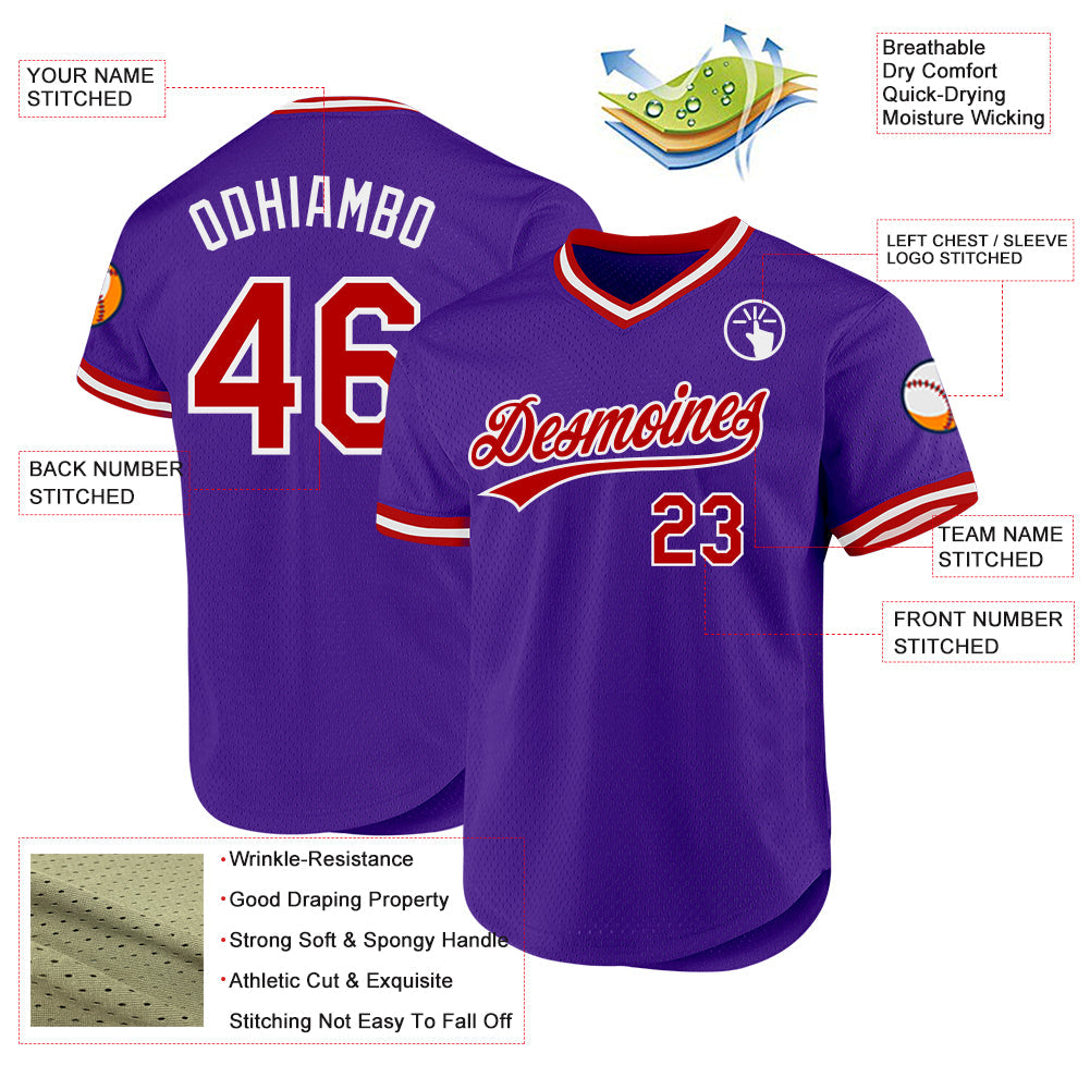Custom Purple Red-White Authentic Throwback Baseball Jersey view 3