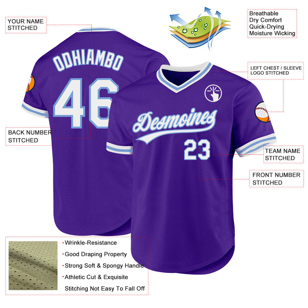 Custom Purple White-Light Blue Authentic Throwback Baseball Jersey view 3