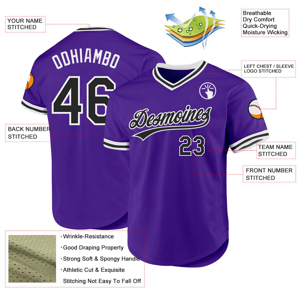 Custom Purple Black-White Authentic Throwback Baseball Jersey view 3