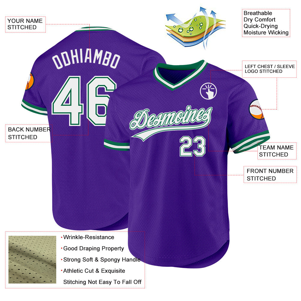 Custom Purple White-Kelly Green Authentic Throwback Baseball Jersey view 3