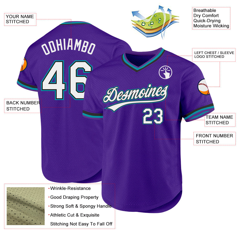 Custom Purple Black-Teal Authentic Throwback Baseball Jersey view 3