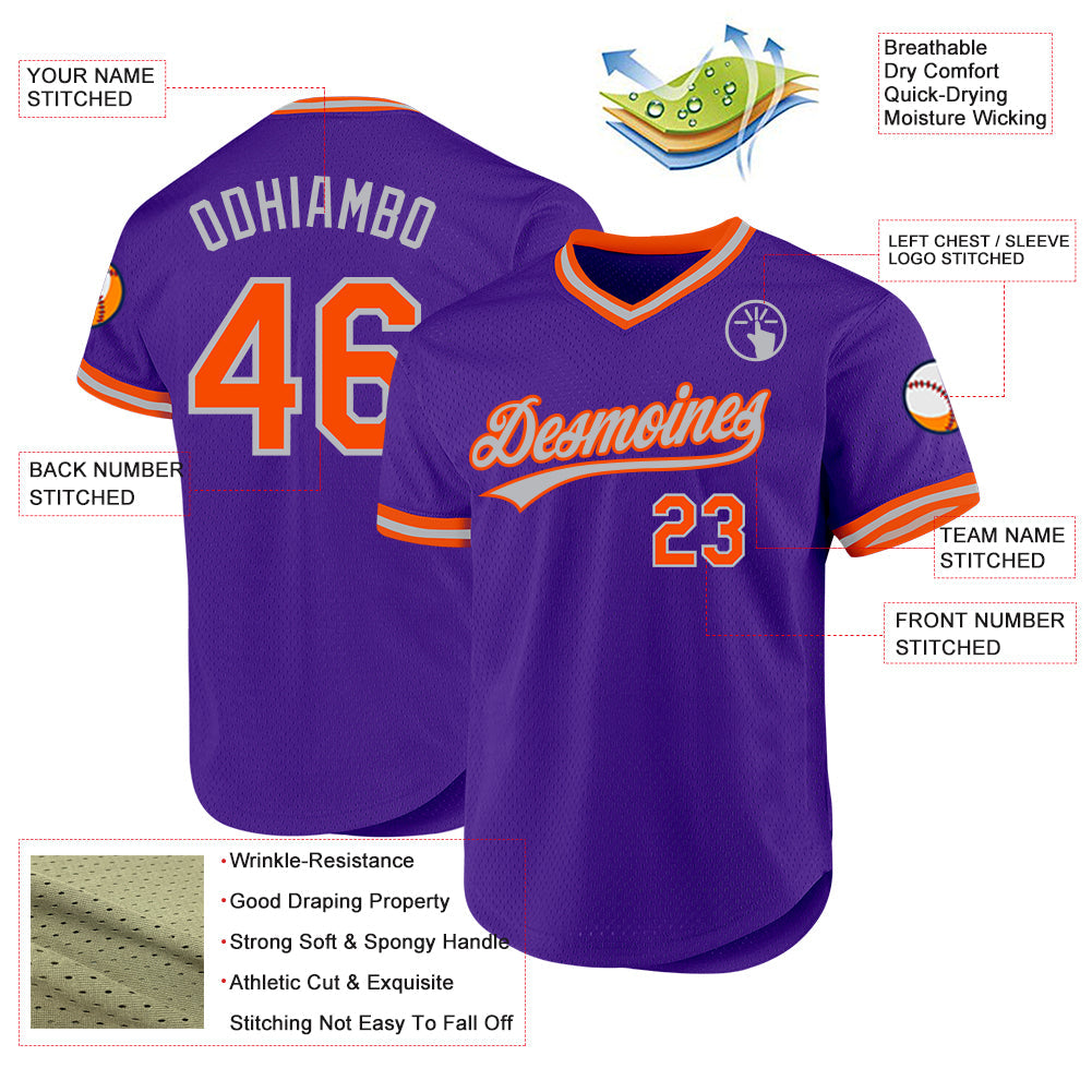 Custom Purple Orange-Gray Authentic Throwback Baseball Jersey view 3