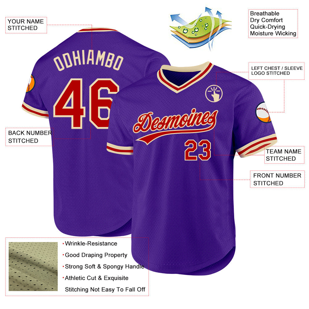 Custom Purple Red-Cream Authentic Throwback Baseball Jersey view 3