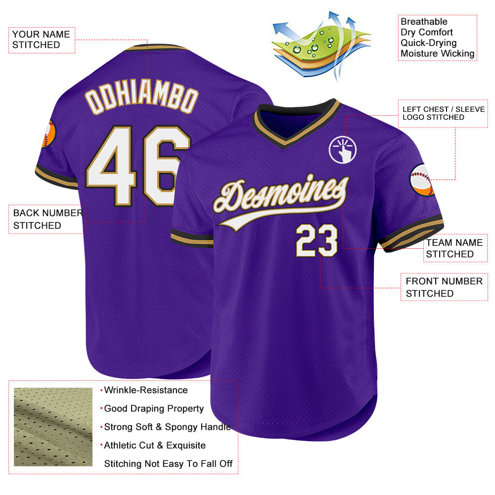 Custom Purple Old Gold-Black Authentic Throwback Baseball Jersey view 3