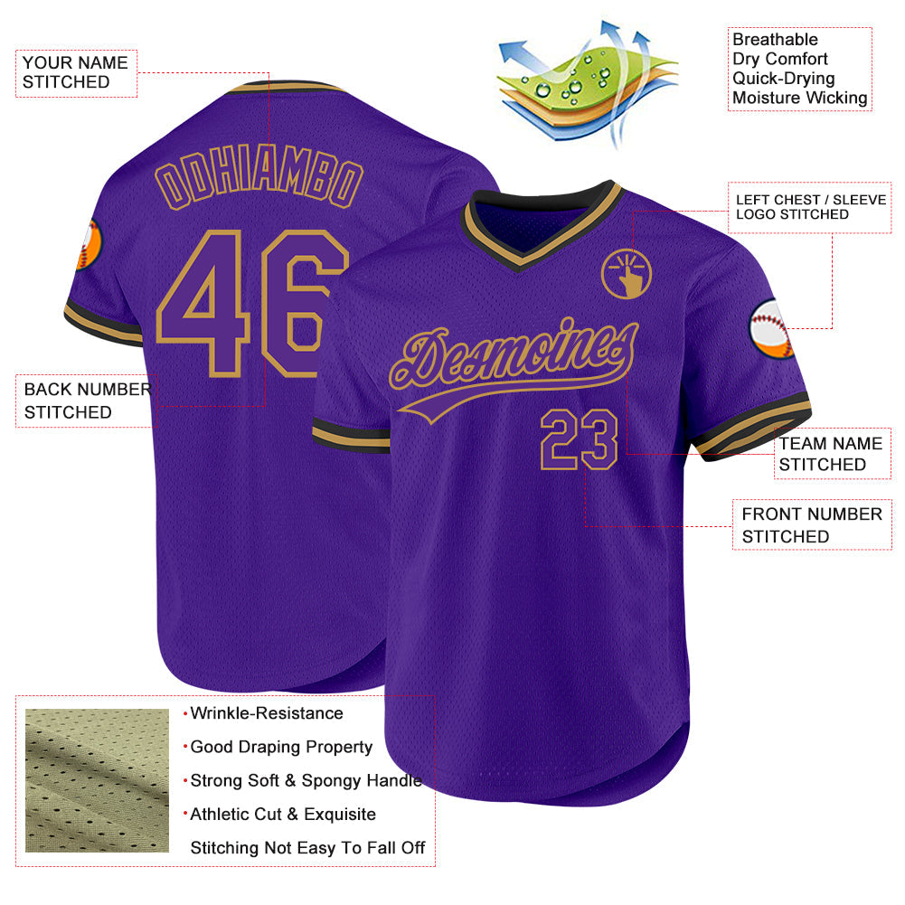 Custom Purple Old Gold-Black Authentic Throwback Baseball Jersey view 3