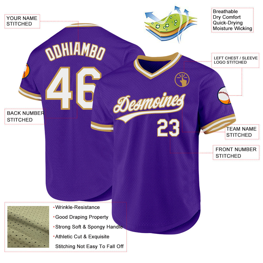 Custom Purple White-Old Gold Authentic Throwback Baseball Jersey view 3