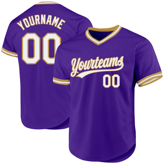 Custom Purple White-Old Gold Authentic Throwback Baseball Jersey - Main View