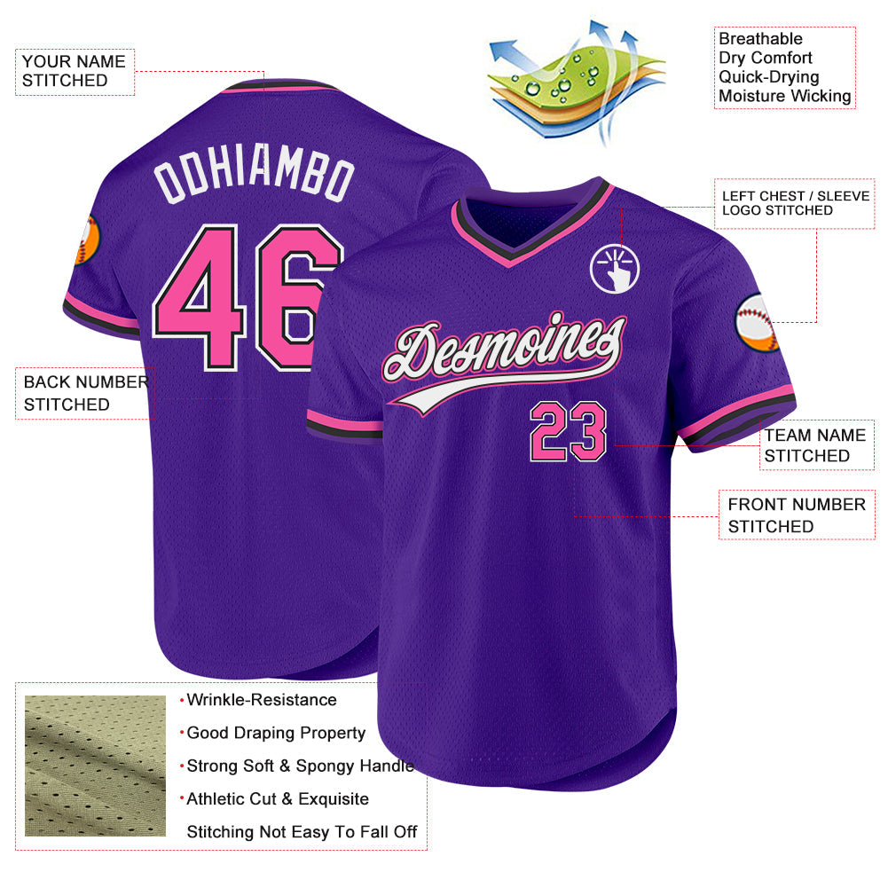 Custom Purple Pink-Black Authentic Throwback Baseball Jersey view 3