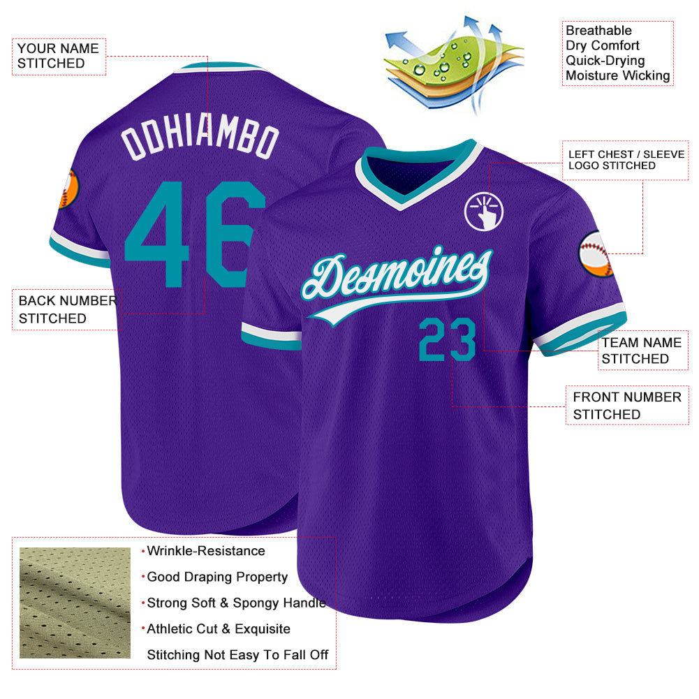 Custom Purple Teal-White Authentic Throwback Baseball Jersey view 3