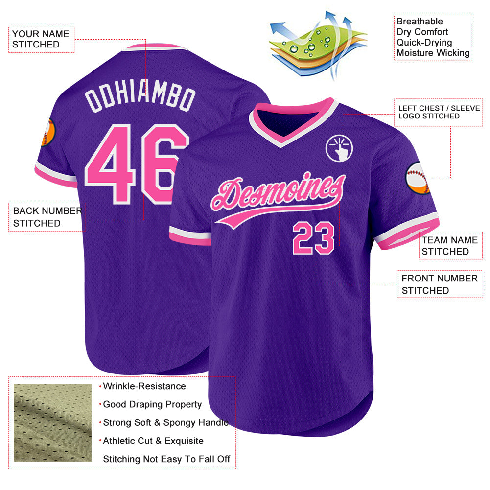 Custom Purple Pink-White Authentic Throwback Baseball Jersey view 3