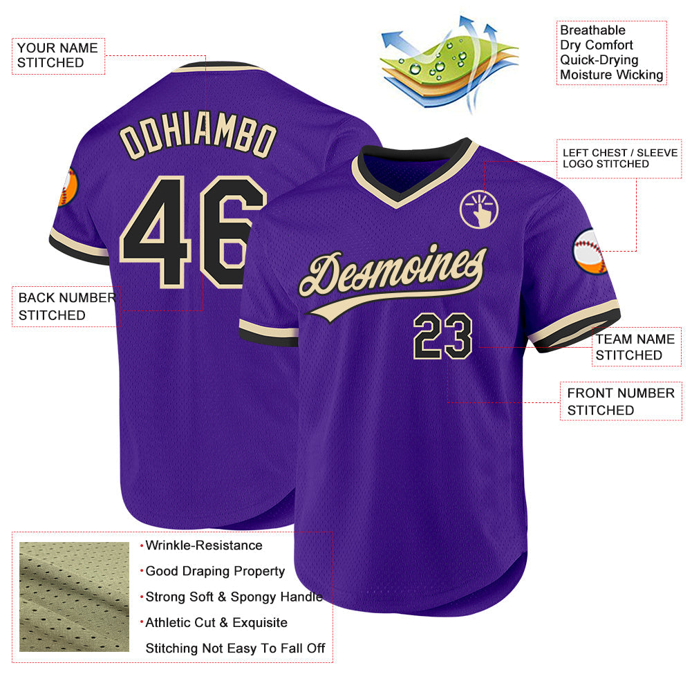 Custom Purple Black-Cream Authentic Throwback Baseball Jersey view 3