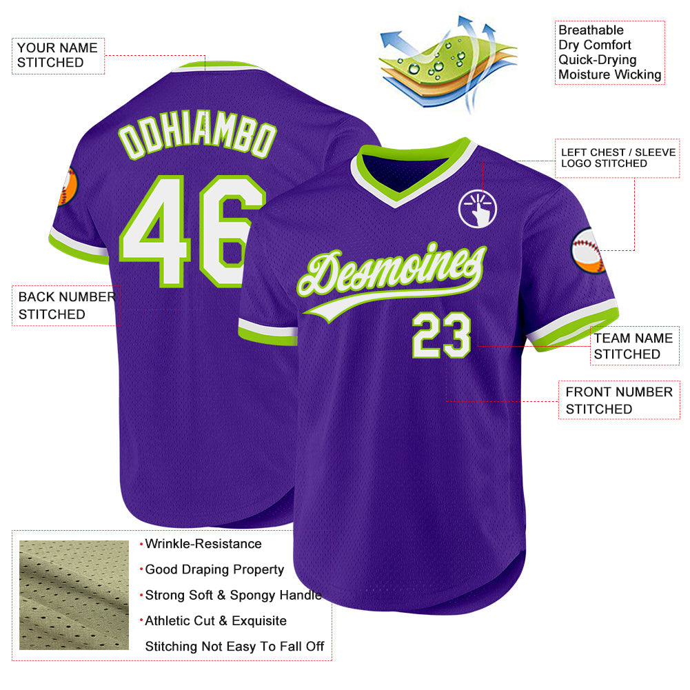 Custom Purple White-Neon Green Authentic Throwback Baseball Jersey view 3