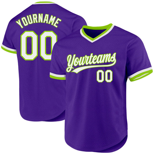 Custom Purple White-Neon Green Authentic Throwback Baseball Jersey - Main View