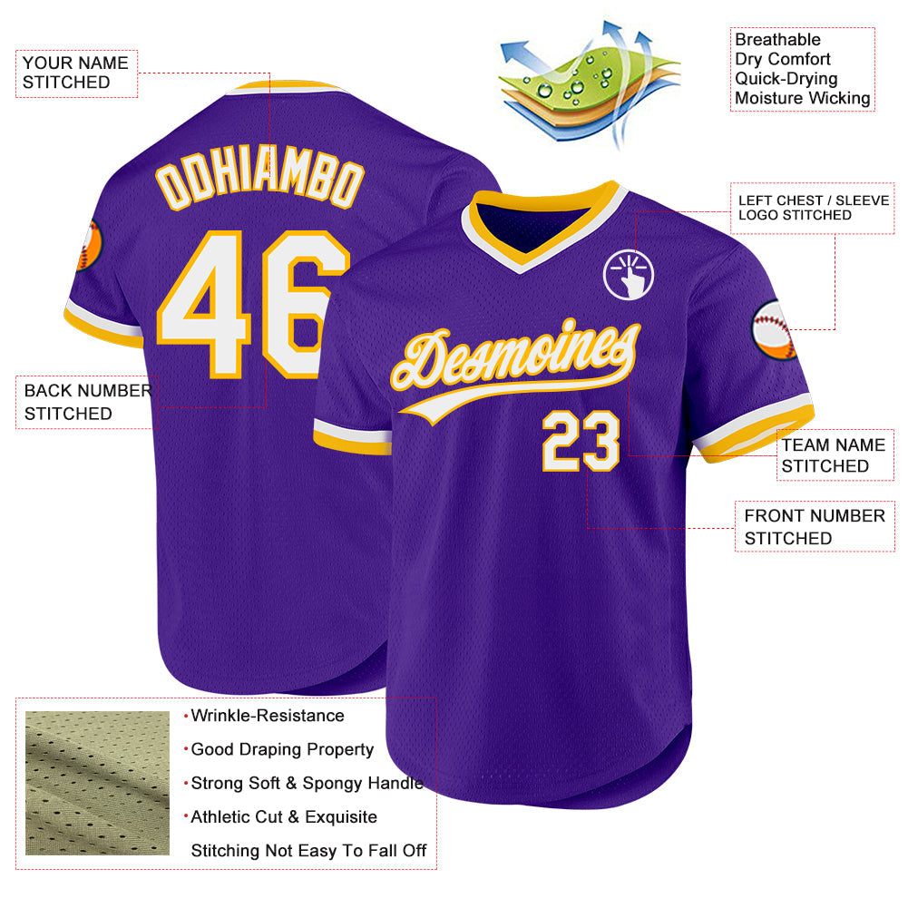 Custom Purple White-Gold Authentic Throwback Baseball Jersey view 3