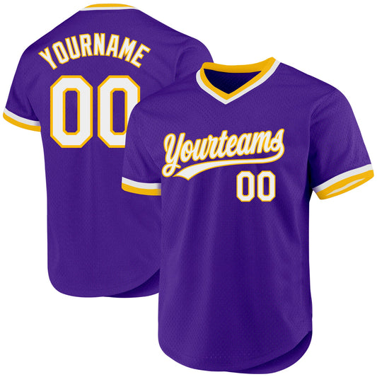 Custom Purple White-Gold Authentic Throwback Baseball Jersey - Main View