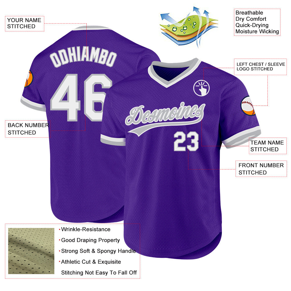 Custom Purple White-Gray Authentic Throwback Baseball Jersey view 3