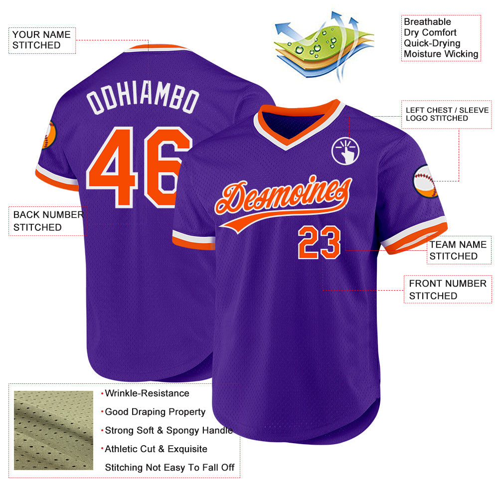 Custom Purple Orange-White Authentic Throwback Baseball Jersey view 3