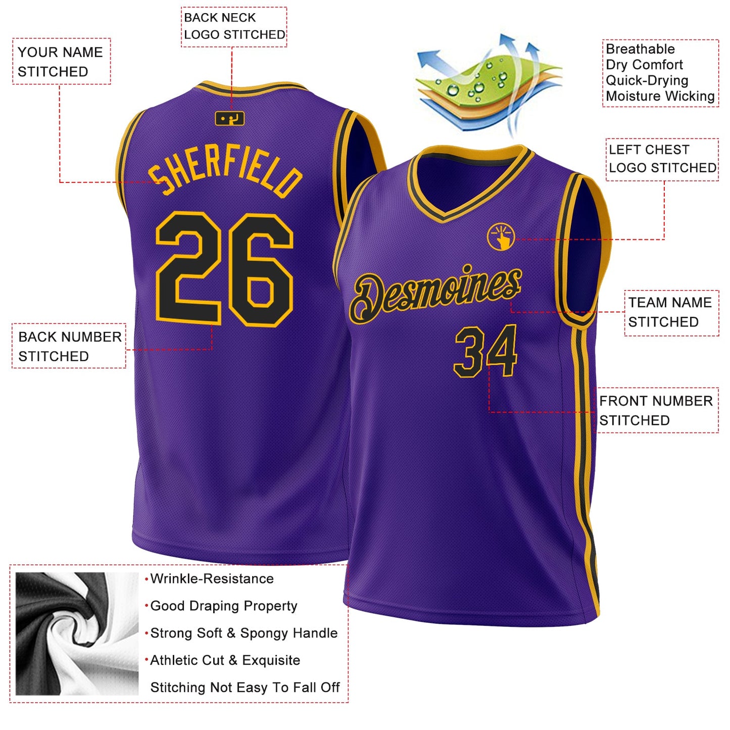 Custom Purple Black-Gold Authentic Throwback Basketball Jersey view 3