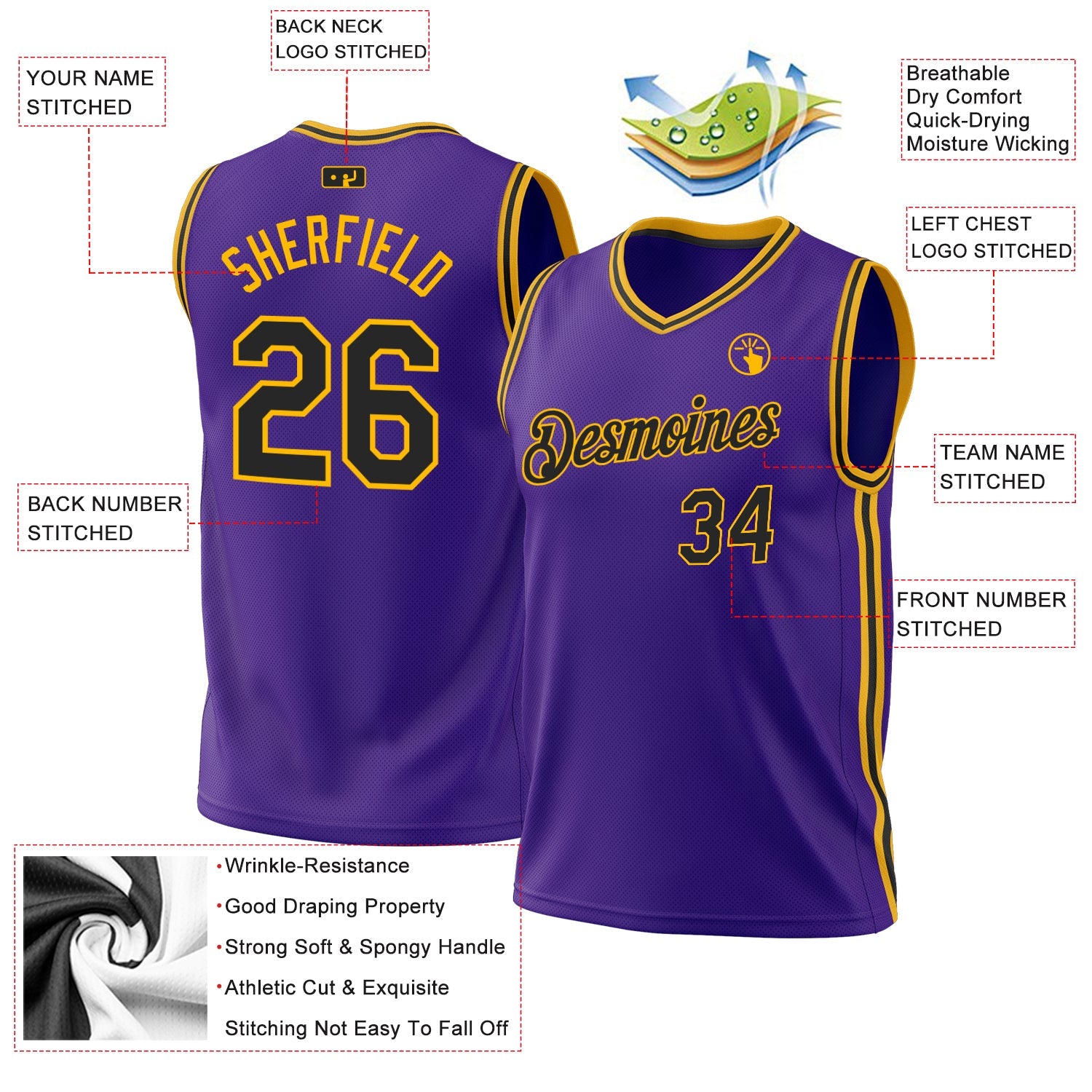 Custom Purple Black-Gold Authentic Throwback Basketball Jersey view 3