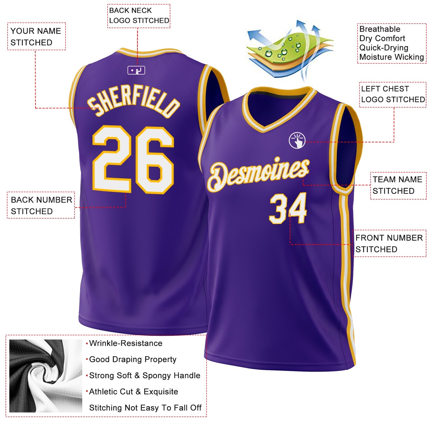 Custom Purple White-Gold Authentic Throwback Basketball Jersey view 3