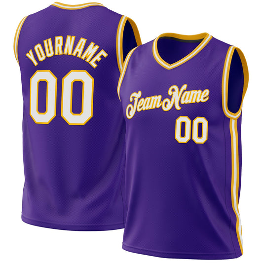 Custom Purple White-Gold Authentic Throwback Basketball Jersey - Main View
