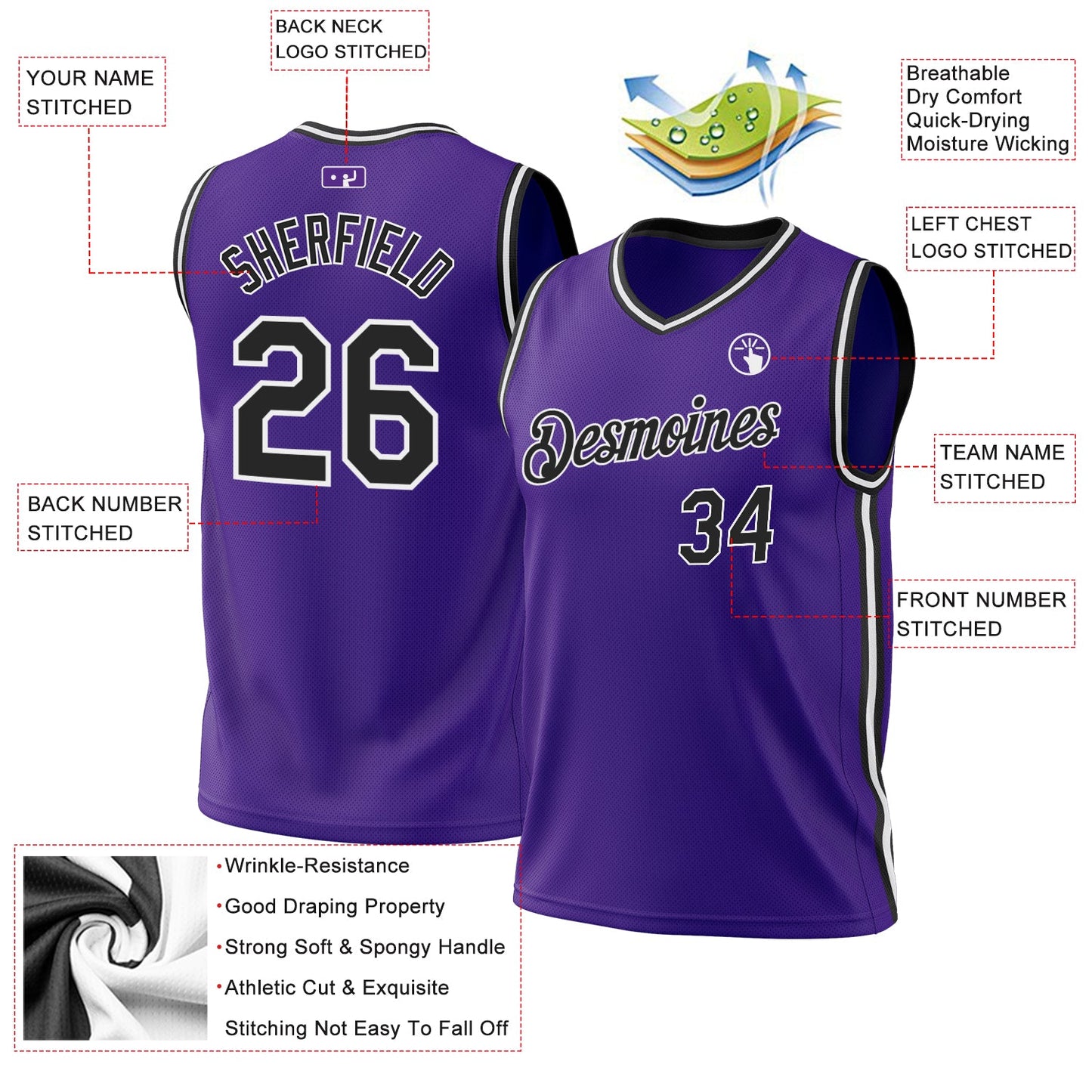 Custom Purple Black-White Authentic Throwback Basketball Jersey view 3