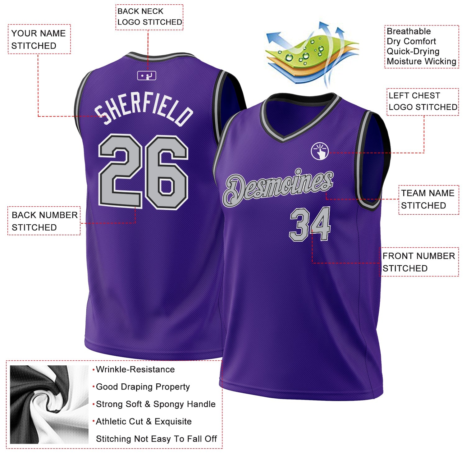 Custom Purple Gray-Black Authentic Throwback Basketball Jersey view 3