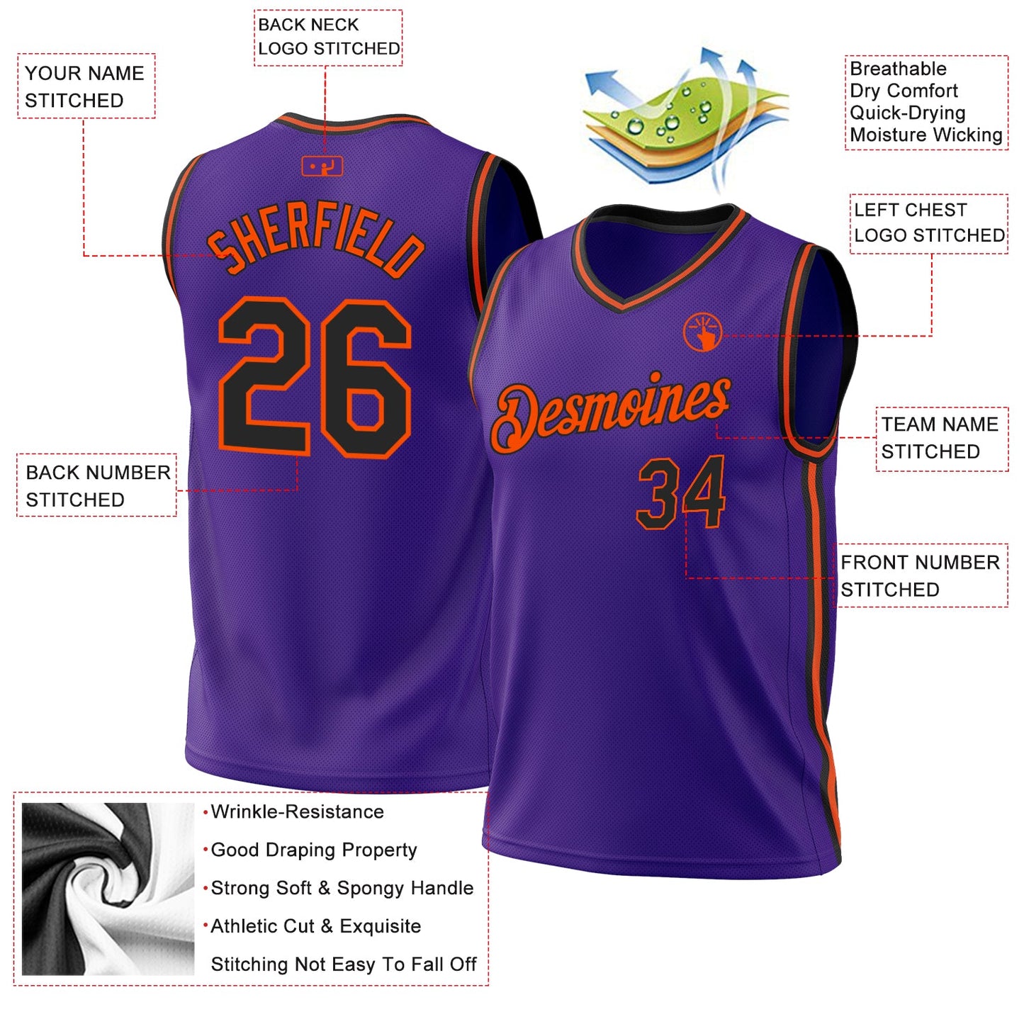 Custom Purple Black-Orange Authentic Throwback Basketball Jersey view 3