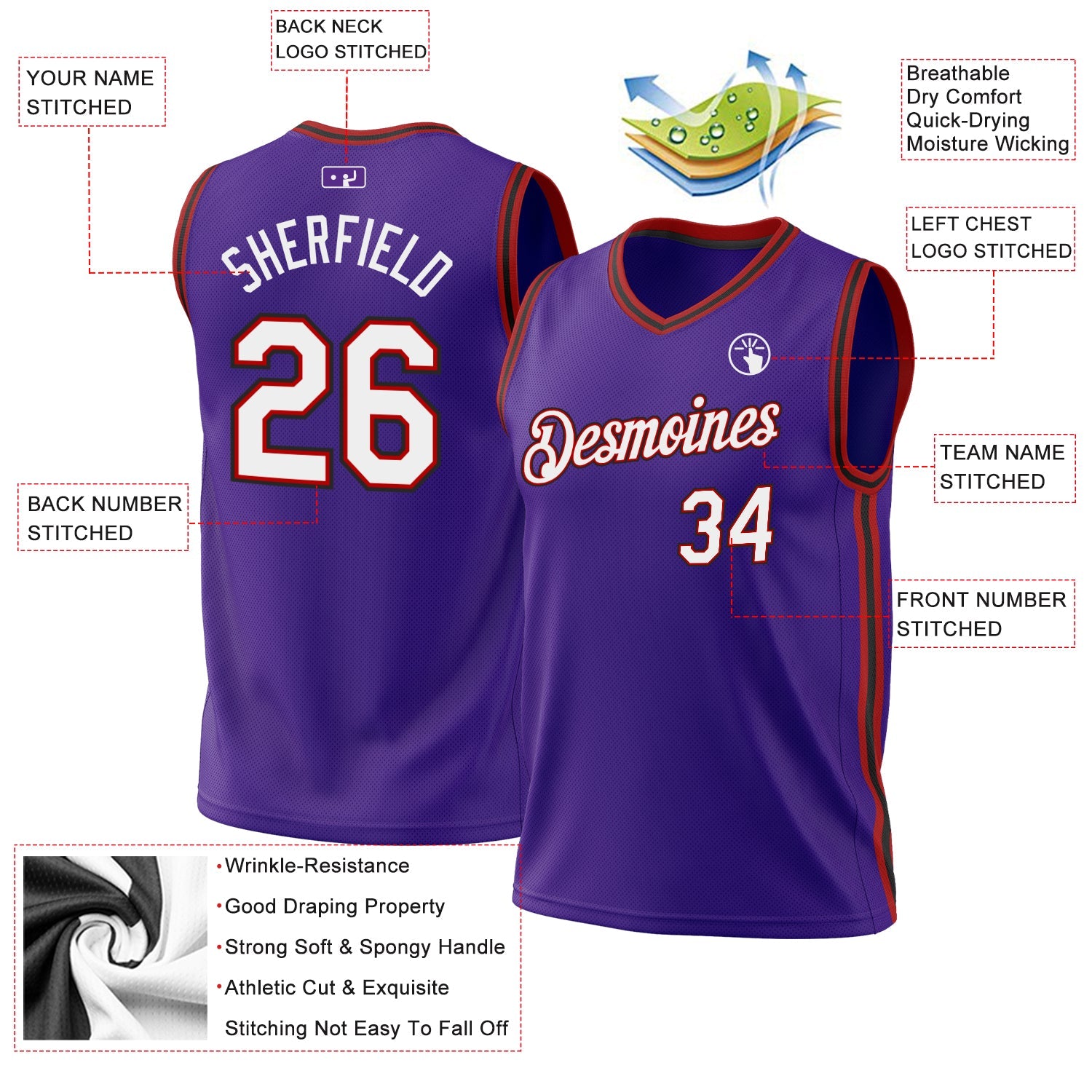 Custom Purple Red-Black Authentic Throwback Basketball Jersey view 3
