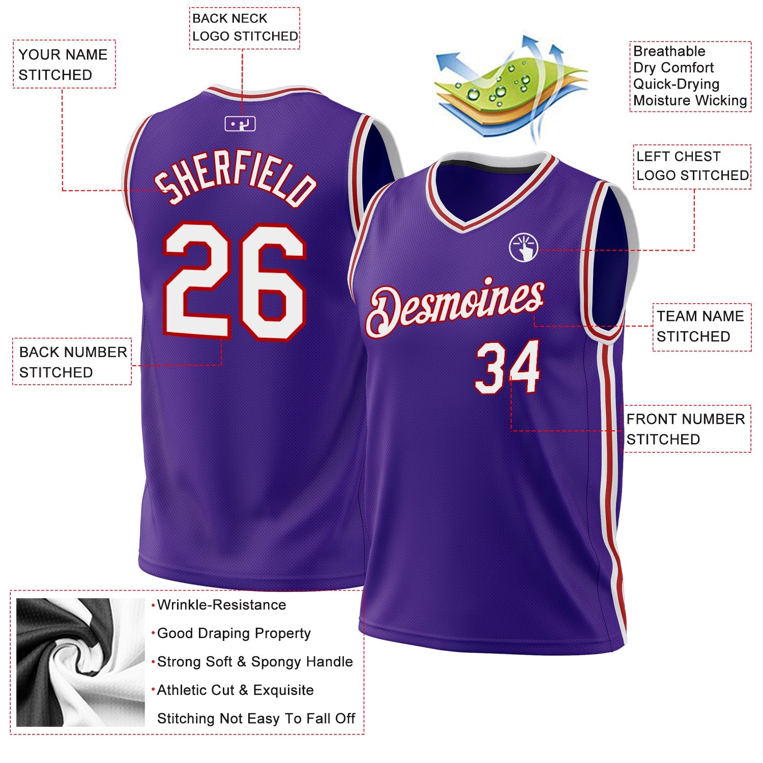 Custom Purple White-Red Authentic Throwback Basketball Jersey view 3
