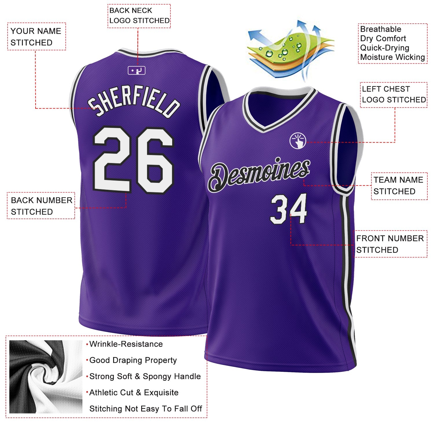 Custom Purple White-Black Authentic Throwback Basketball Jersey view 3