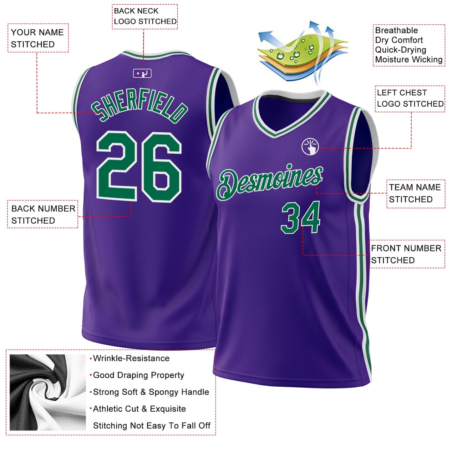 Custom Purple Kelly Green-White Authentic Throwback Basketball Jersey view 3