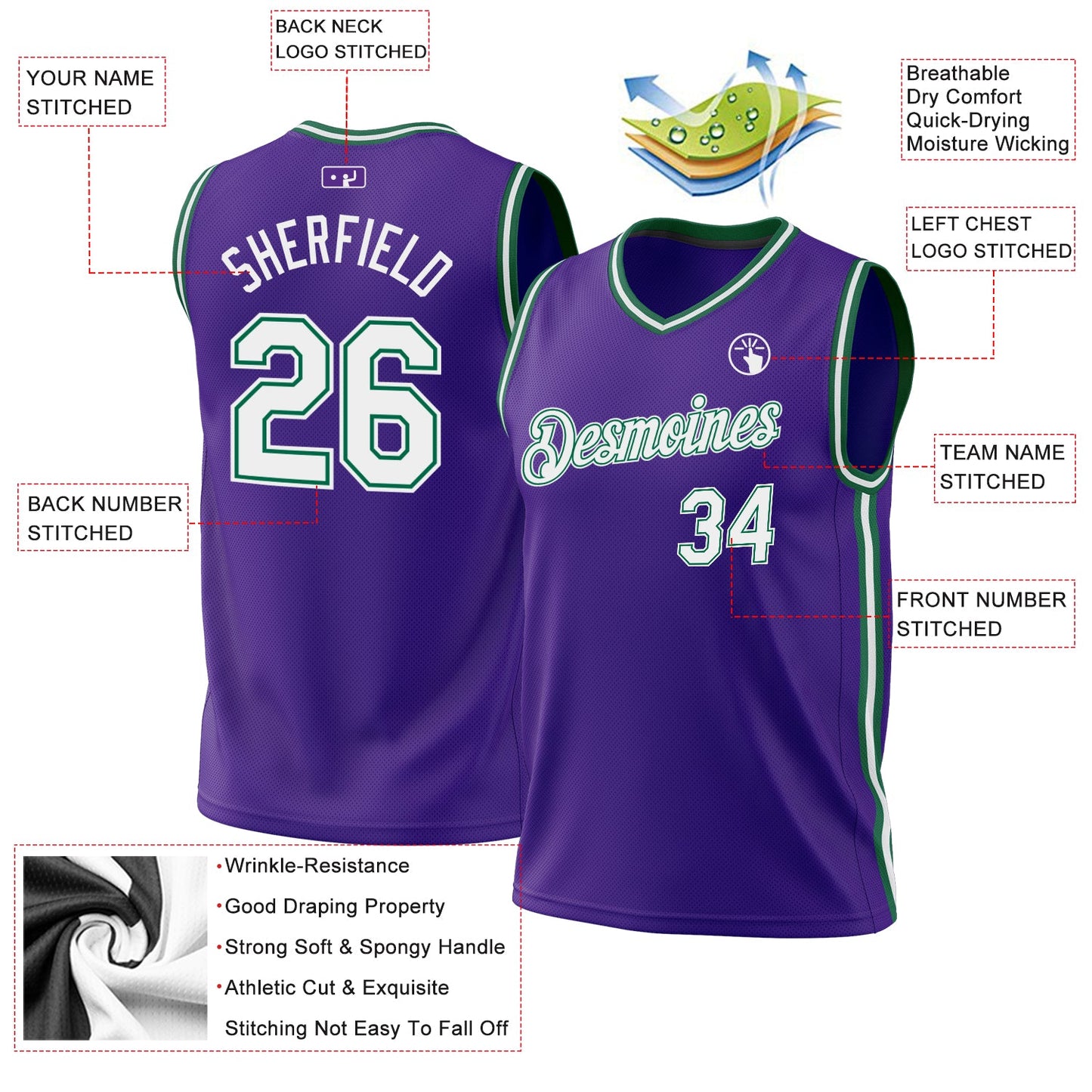 Custom Purple White-Kelly Green Authentic Throwback Basketball Jersey view 3