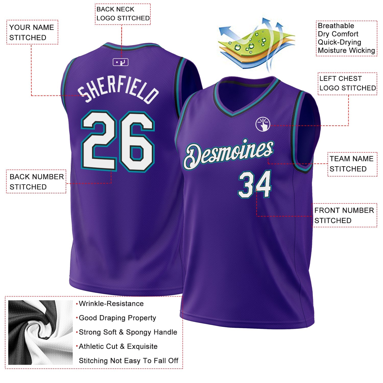 Custom Purple Black-Teal Authentic Throwback Basketball Jersey view 3