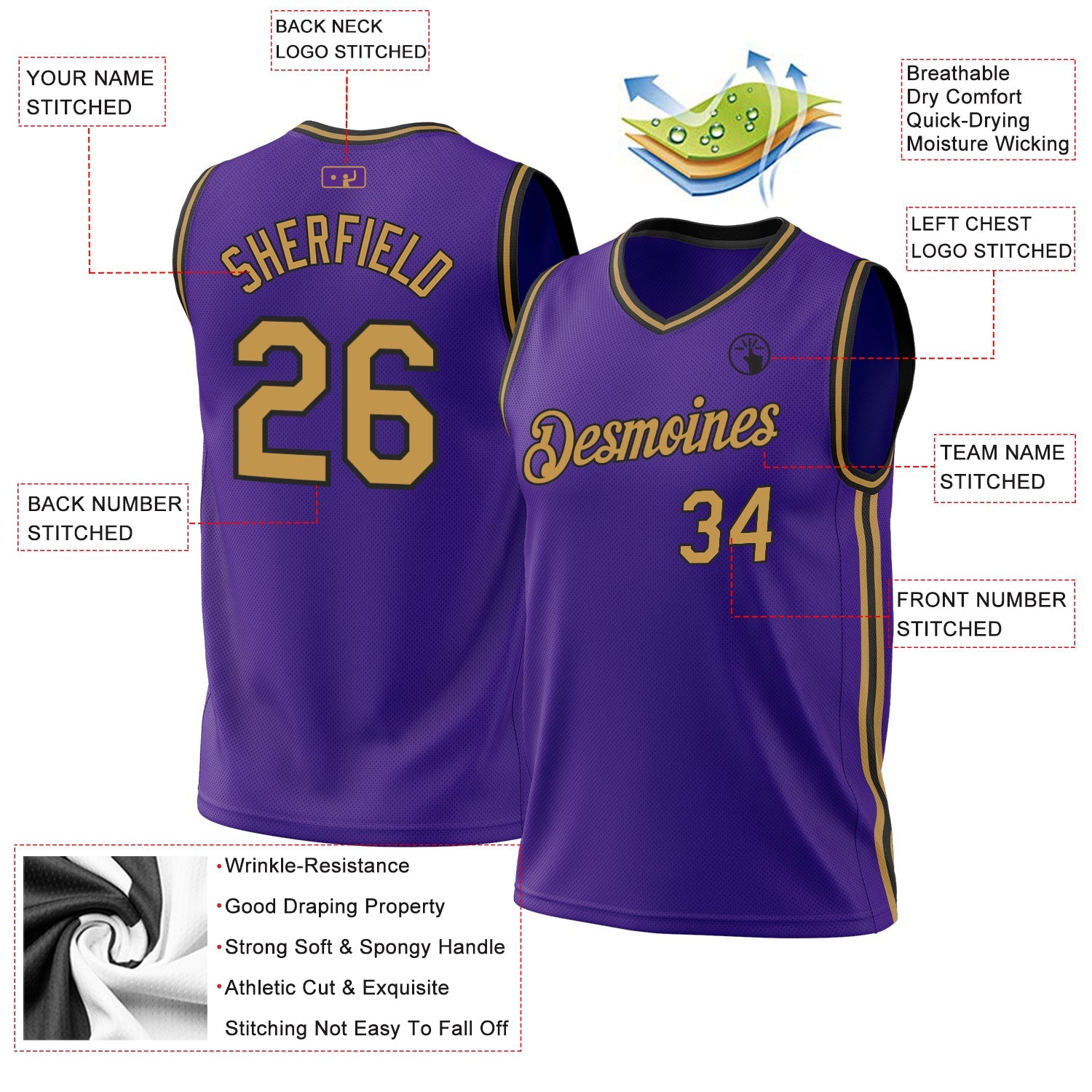 Custom Purple Old Gold-Black Authentic Throwback Basketball Jersey view 3
