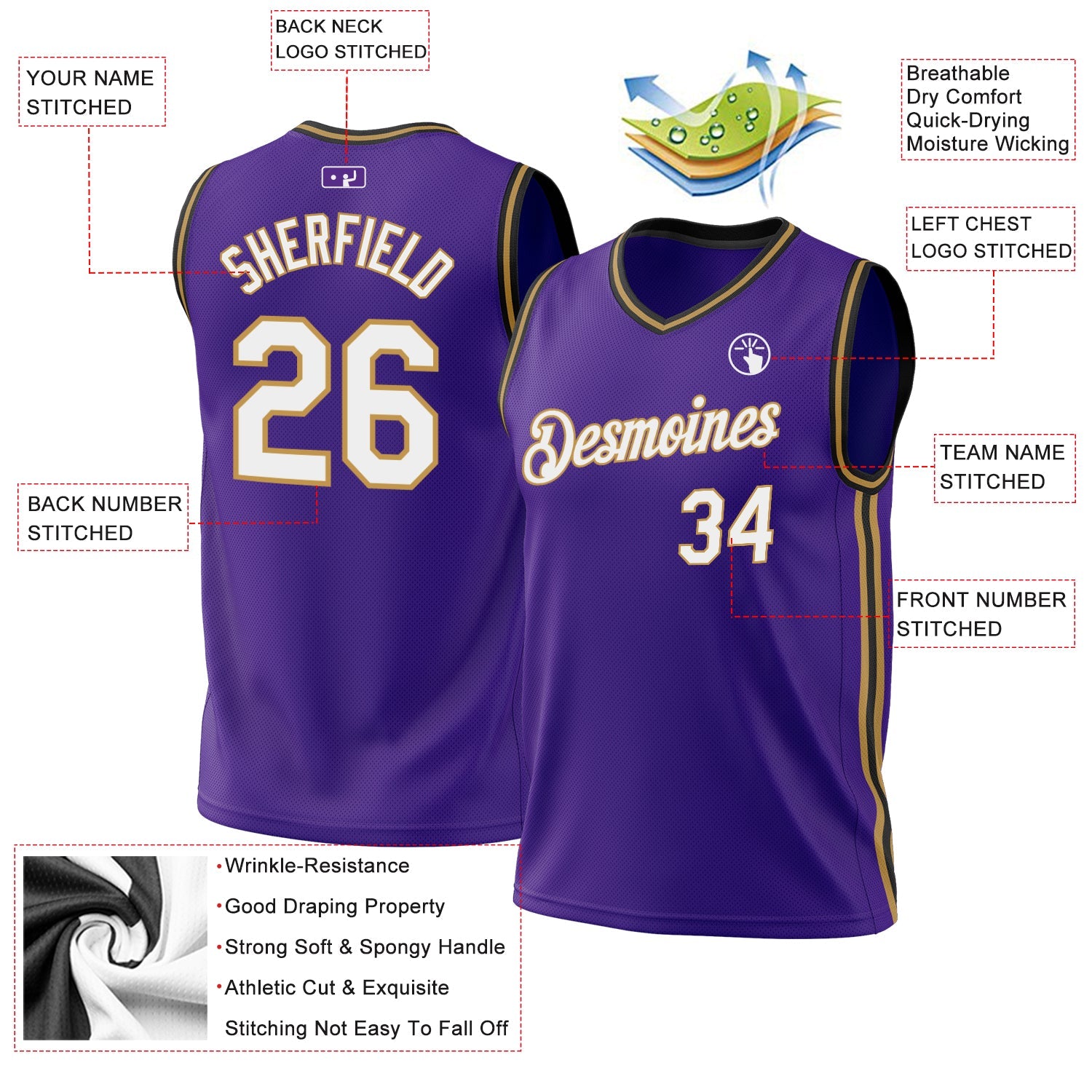 Custom Purple Old Gold-Black Authentic Throwback Basketball Jersey view 3