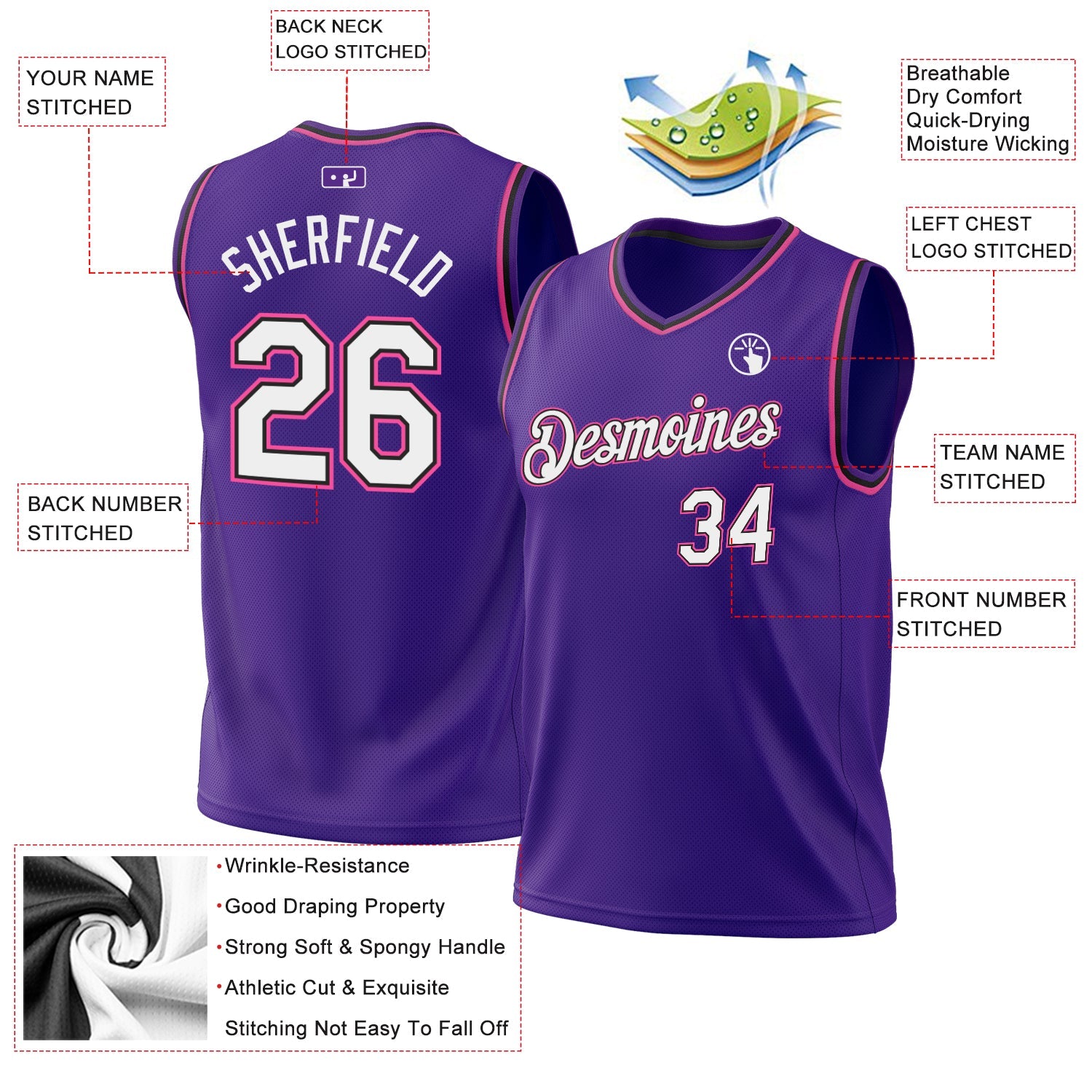 Custom Purple Black-Pink Authentic Throwback Basketball Jersey view 3