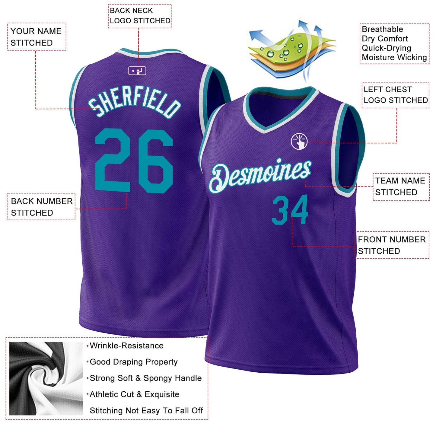 Custom Purple Teal-White Authentic Throwback Basketball Jersey view 3
