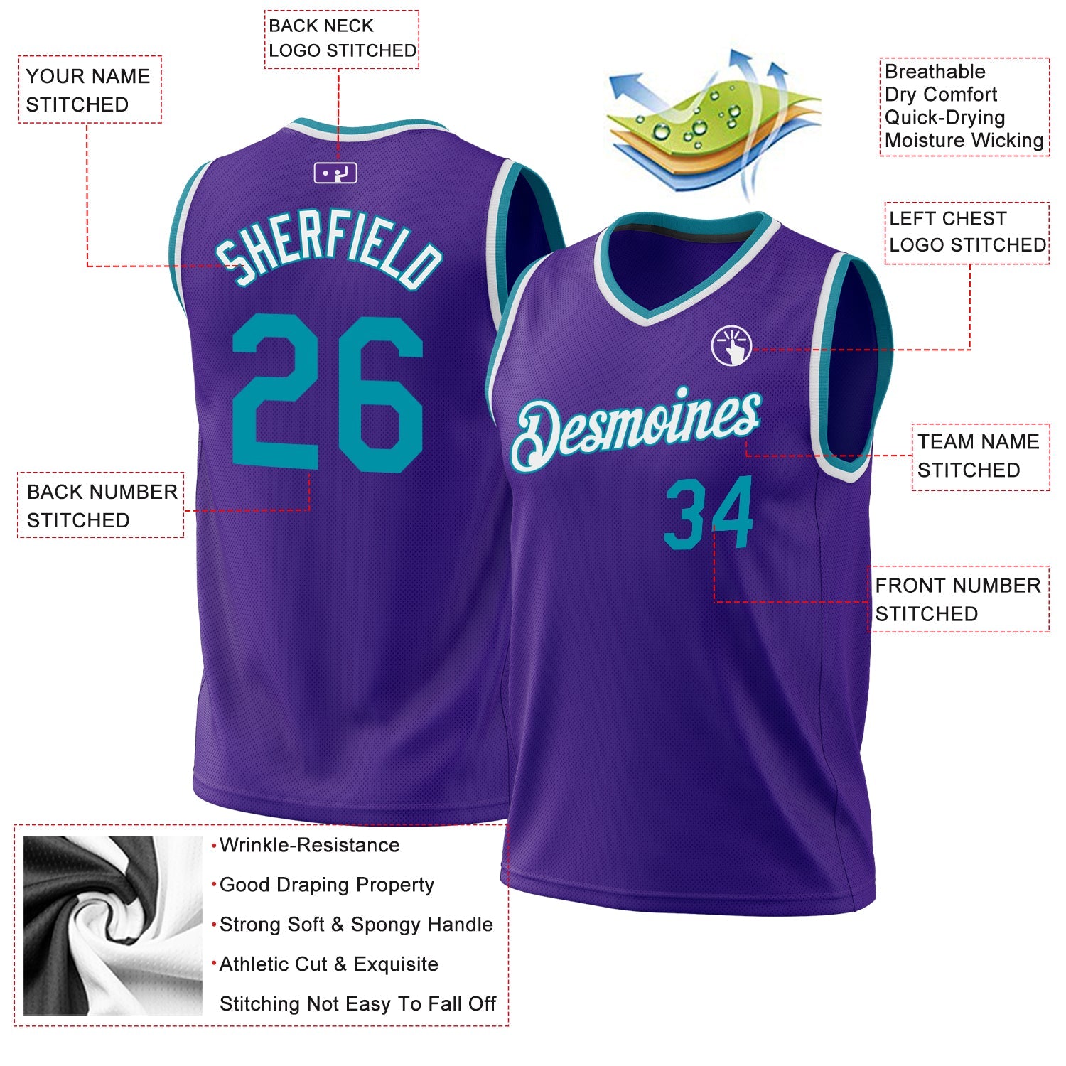 Custom Purple Teal-White Authentic Throwback Basketball Jersey view 3