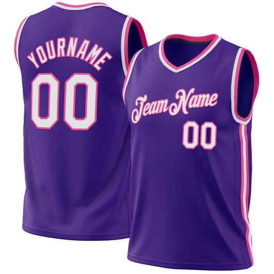 Custom Purple White-Pink Authentic Throwback Basketball Jersey - Main View