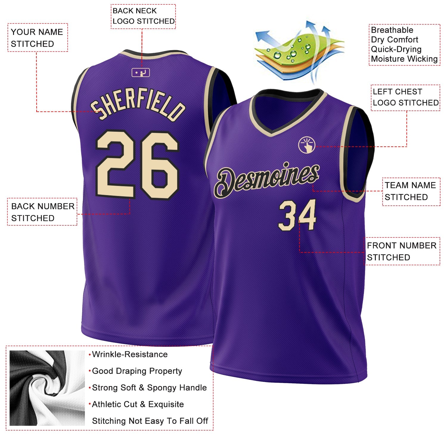 Custom Purple Cream-Black Authentic Throwback Basketball Jersey view 3