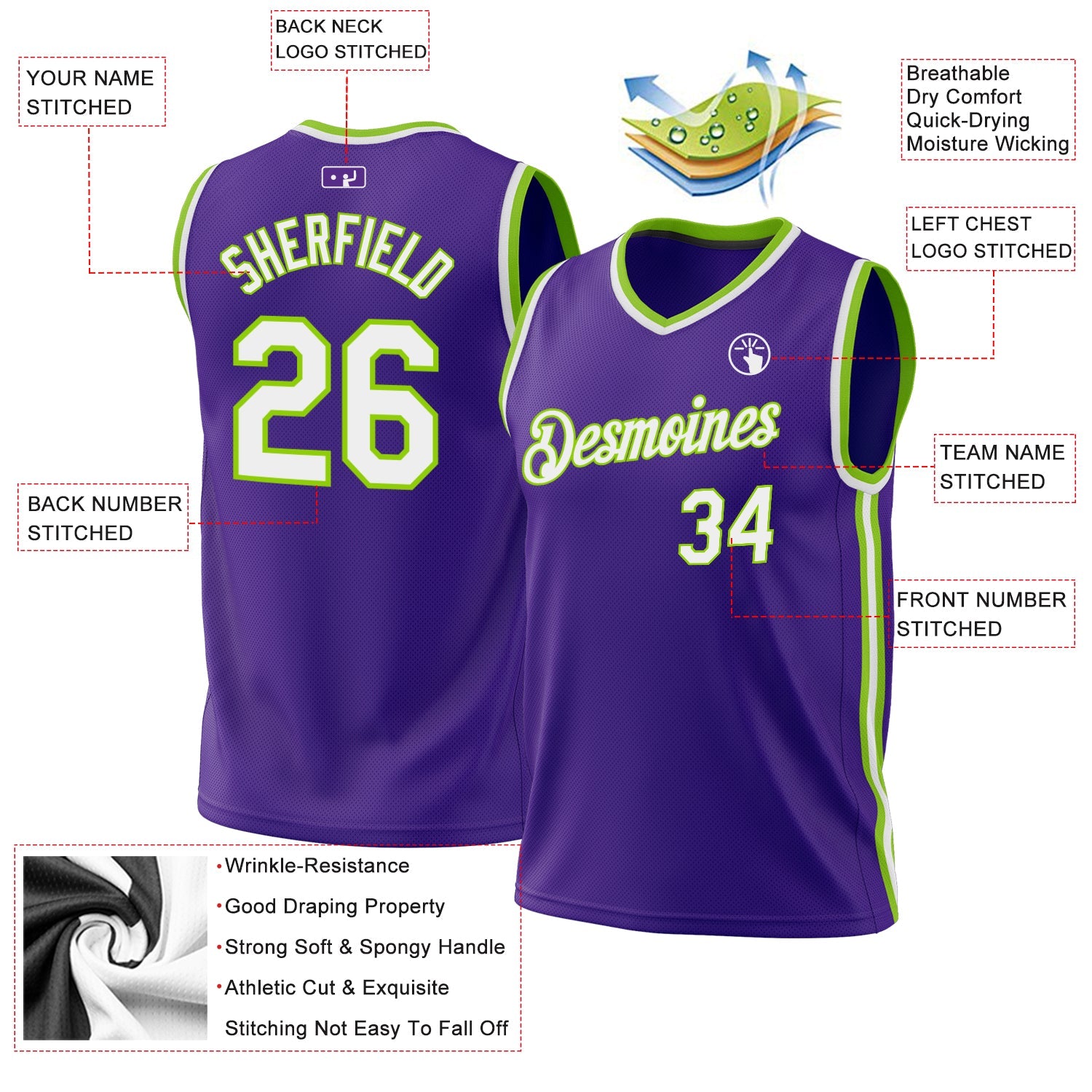 Custom Purple White-Neon Green Authentic Throwback Basketball Jersey view 3