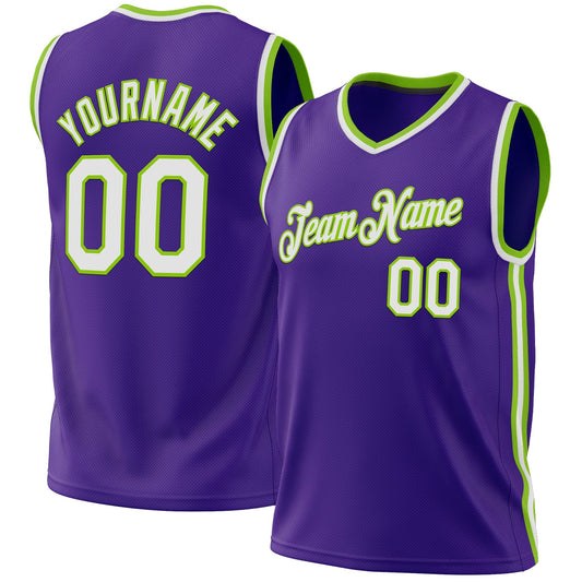 Custom Purple White-Neon Green Authentic Throwback Basketball Jersey - Main View