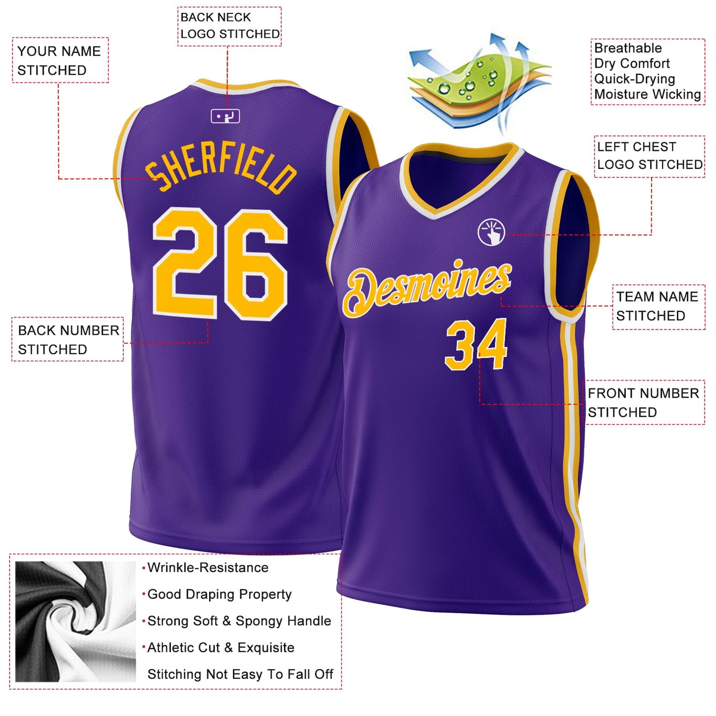 Custom Purple Gold-White Authentic Throwback Basketball Jersey view 3