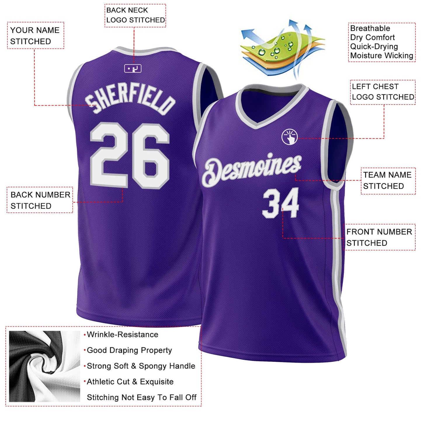 Custom Purple White-Gray Authentic Throwback Basketball Jersey view 3