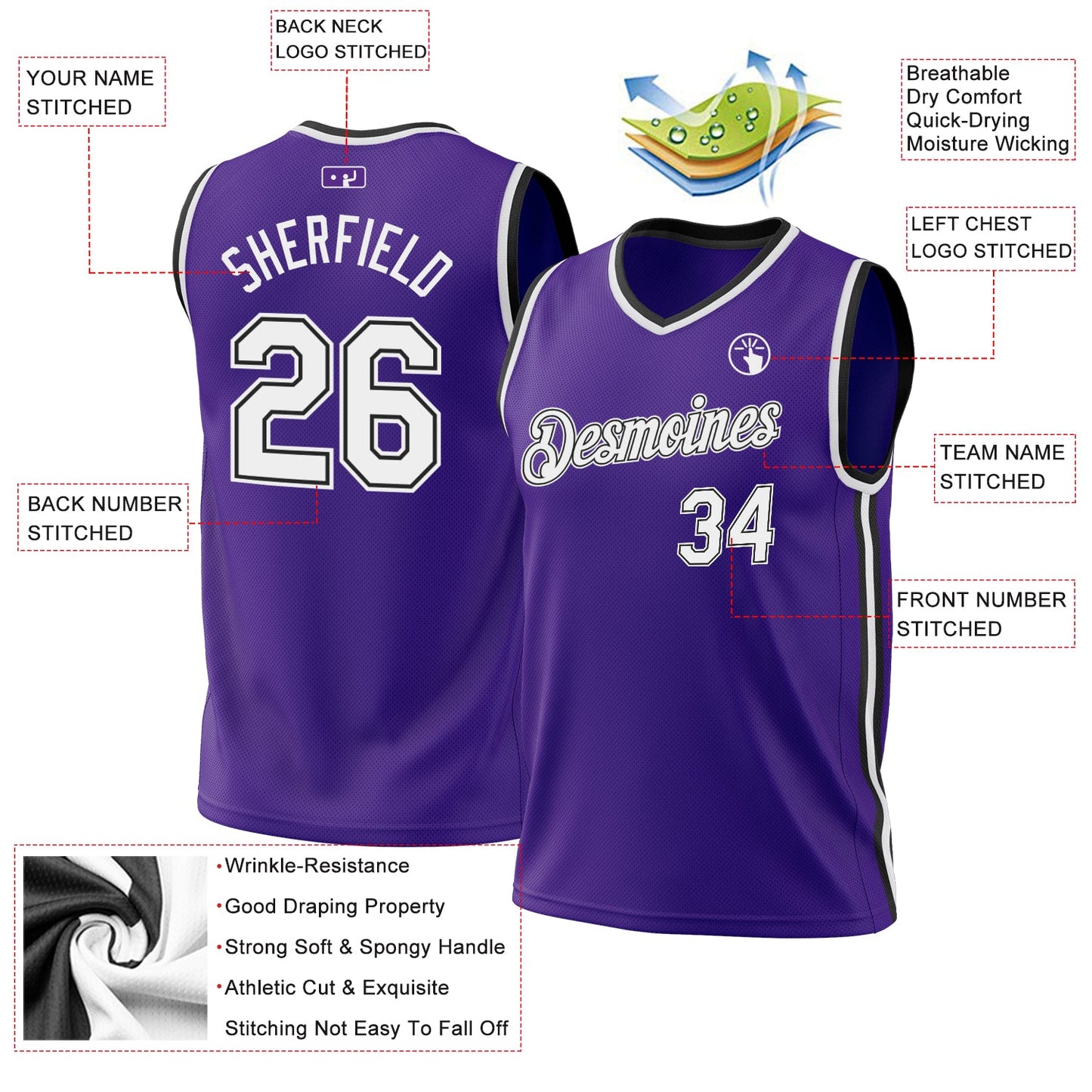 Custom Purple White-Black Authentic Throwback Basketball Jersey view 3