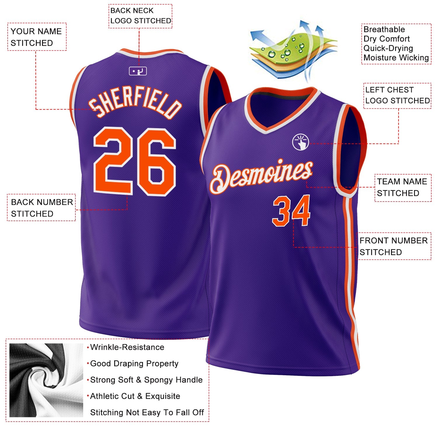 Custom Purple Orange-White Authentic Throwback Basketball Jersey view 3