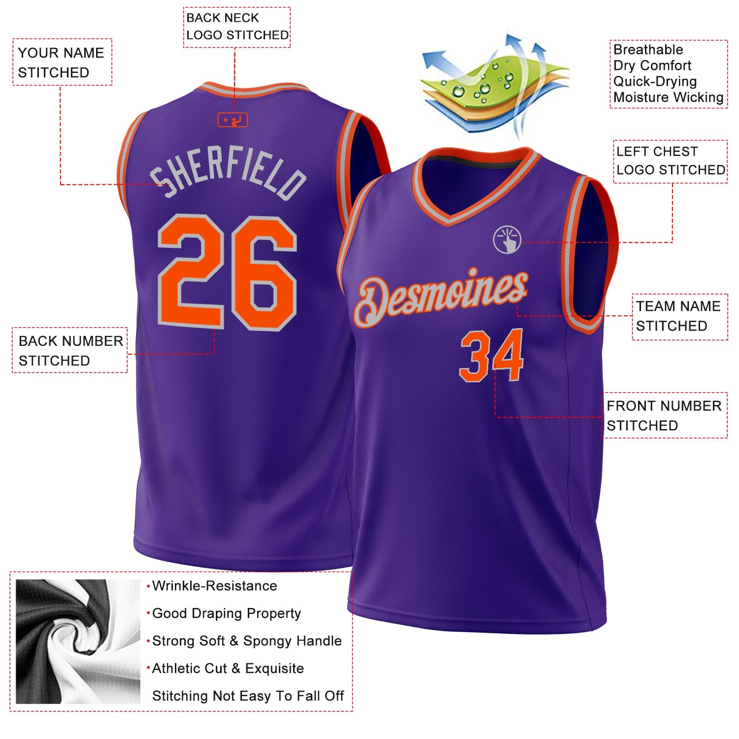 Custom Purple Orange-Gray Authentic Throwback Basketball Jersey view 3